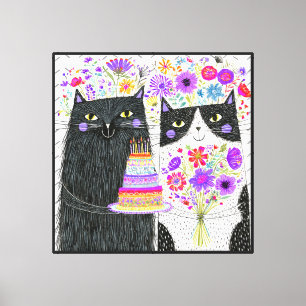 Lienzo Gatos de Cumpleaños Caprichosos Ramo Floral