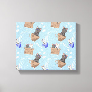 Lienzo Gatos en caja y gotas de leche en azul