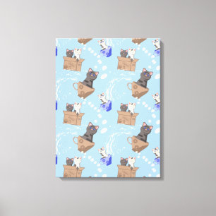 Lienzo Gatos en caja y gotas de leche en azul