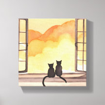 Gatos en la ventana | Silueta de acuarela al atard