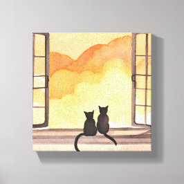 Lienzo Gatos en la ventana | Silueta de acuarela al atard
