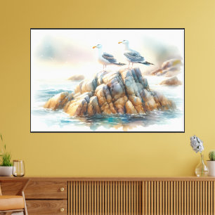 Lienzo Gaviotas Costeras Acuarela Paisaje Marítimo