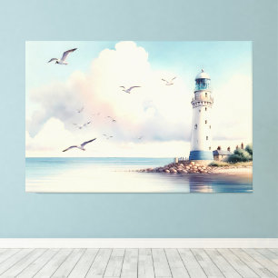 Lienzo Gaviotas de faro costero Cielo pastel Serenidad