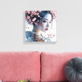 Lienzo  Geisha portrait, cherry blossoms, Japanese art,