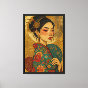 Lienzo Geisha Retrato Floral Kimono Canvas Wall Art