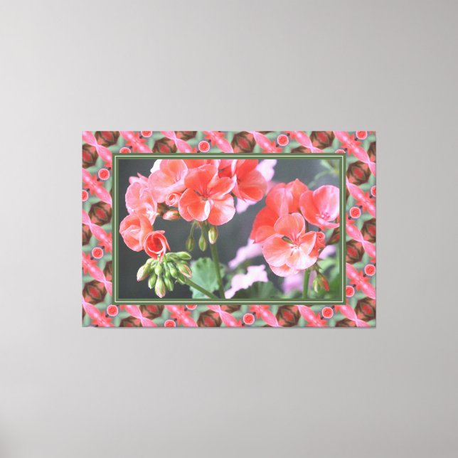 Lienzo Geranios De Coral Rosa Con Verde Oscuro (Anverso)