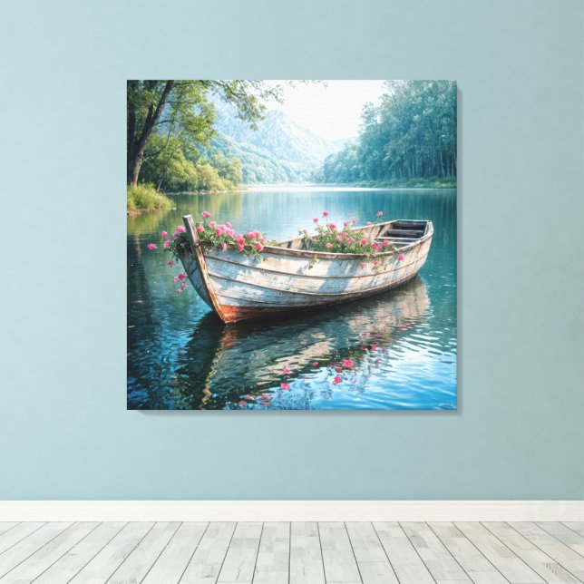 Lienzo Geranios Rosados En Un Viejo Barco De Ruedas (Insitu (piso de madera))