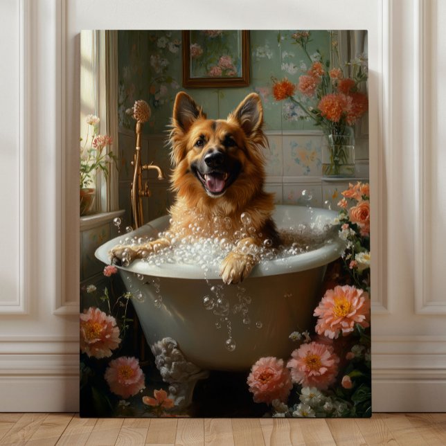 Lienzo German Shepherd Bath, Whimsical Dog Bathroom (German Shepherd Bubble Bath – Whimsical Dog Bathroom Art by Nicole Cossairt)