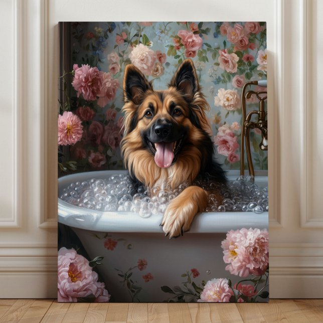 Lienzo German Shepherd Bubble Bath Bliss (German Shepherd Bubble Bath Bliss – Whimsical Floral Bathroom Dog Art by Nicole Cossairt)