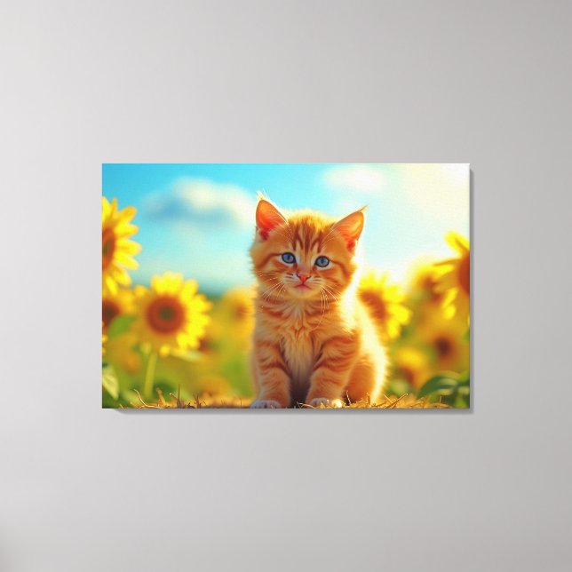 Lienzo Ginger Gatito Adorable en campo de girasoles (Anverso)