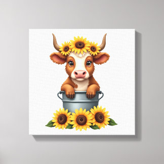 Lienzo Girasol Vintage Vaca Highland en Cubo Diseño Flora