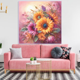 Lienzo Girasoles de verano en rosa y amarillo