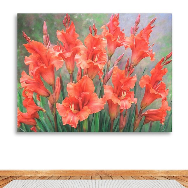 Lienzo Gladiolus Rojo Flores Elegantes Jardín Floral (An elegant canvas print of coral red gladioli flowers. Bright and vibrant artwork for the home.)