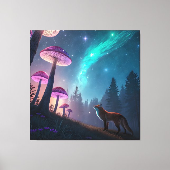 Lienzo Glowing Mushroom Forest Fox Fantasy Art (Anverso)