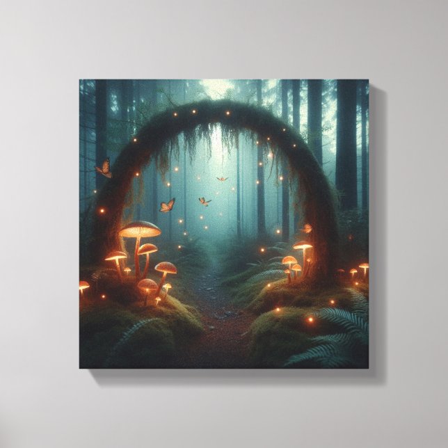 Lienzo Glowing Mushroom Portal in Misty Twilight Forest (Anverso)