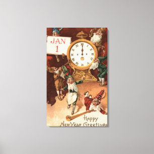 Lienzo Gnomos que van de fiesta alrededor de un reloj