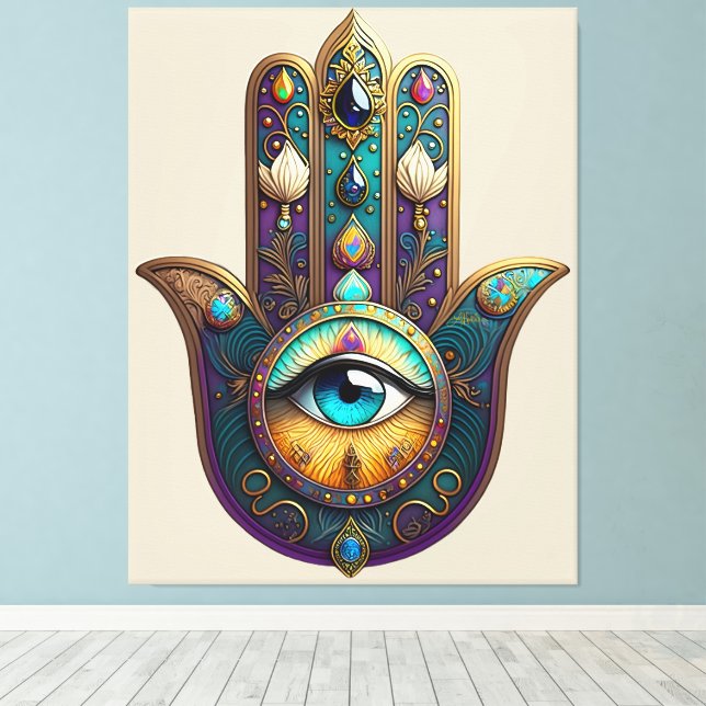 Lienzo Gold Violet Teal Hamsa w/ Turquoise Third Eye (Insitu (piso de madera))