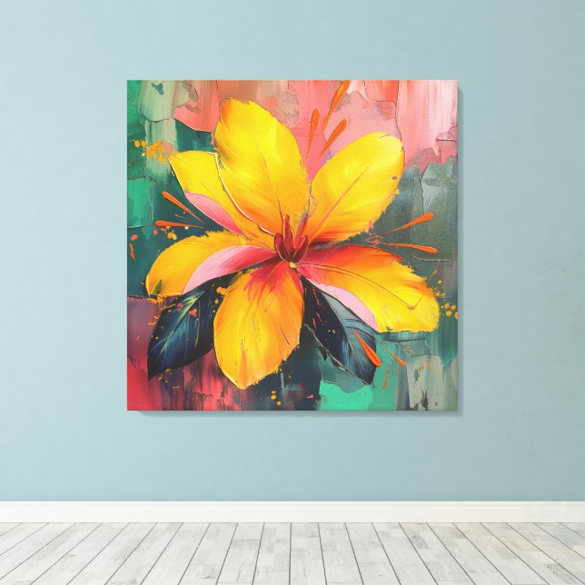 Lienzo Golden Bloom – Vibrant Abstract Floral Expression (Insitu (piso de madera))