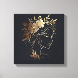 Lienzo Golden Feminine Line Art Portrait with Floral Crow