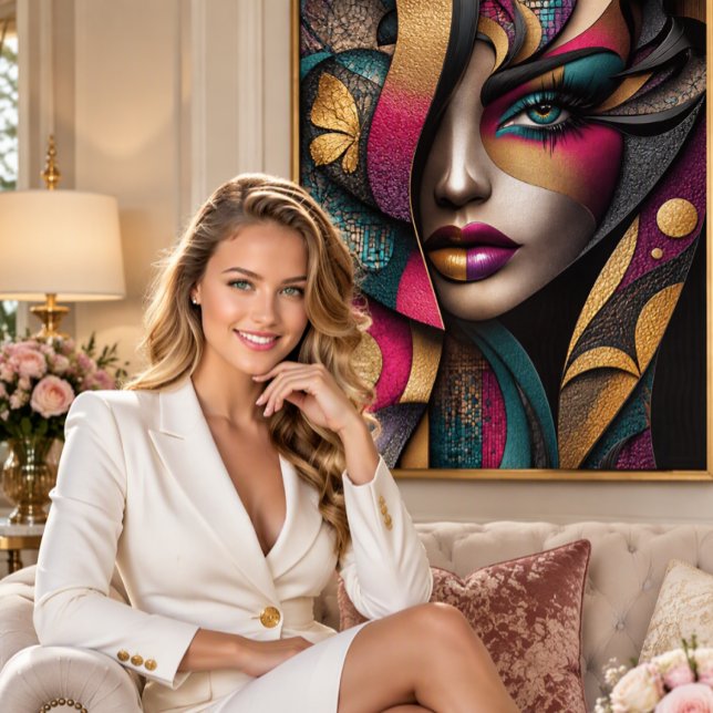 Lienzo 	Golden Glamour Muse (A statement piece for modern interiors seeking drama and sparkle.)