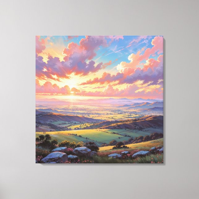 Lienzo Golden Hills - Vibrant Landscape Illustration (Anverso)