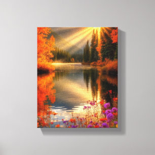 Lienzo Golden Morning Light Over Fall Lake Serene Nature