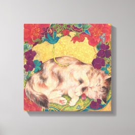 Lienzo Golden Nap: Feline Serenity in Bloom