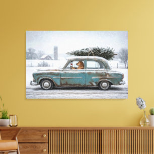 Lienzo Golden Retriever conduciendo un coche retro con un