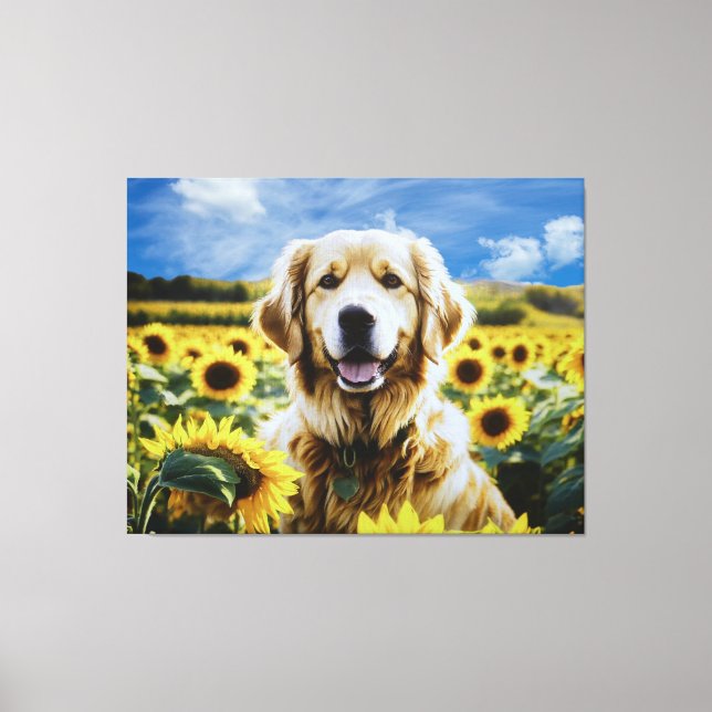 Lienzo Golden Retriever in a Sunflower Field (Anverso)