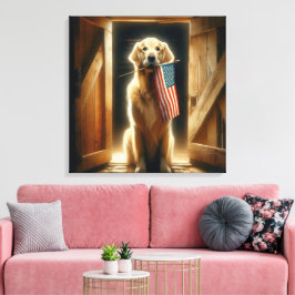 Lienzo Golden Retriever sosteniendo una bandera estadouni