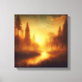 Lienzo Golden Twilight River Through Dreamy Forest