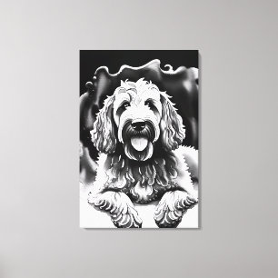 Lienzo Goldendoodle Art Black White Sketch "Perro feliz"