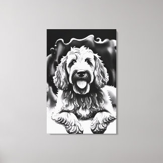 Lienzo Goldendoodle Art Black White Sketch "Perro feliz"