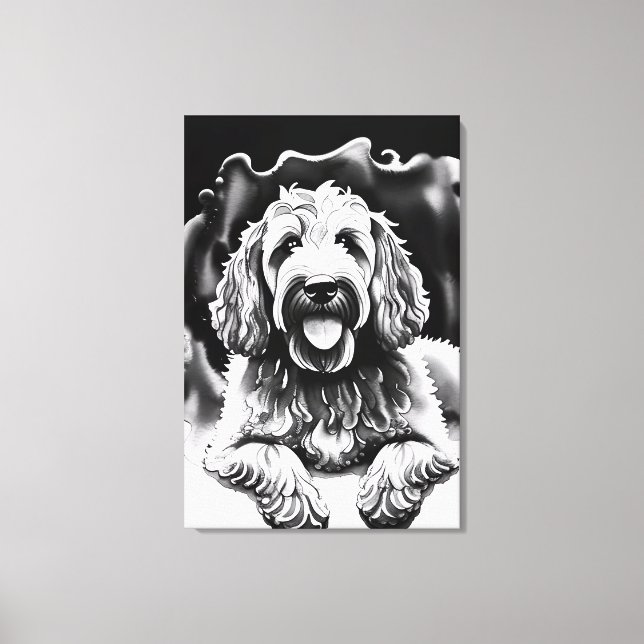 Lienzo Goldendoodle Art Black White Sketch "Perro feliz" (Anverso)