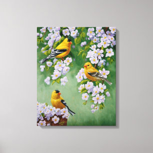 Lienzo Goldfinches y flores de Apple rosadas de Estados U