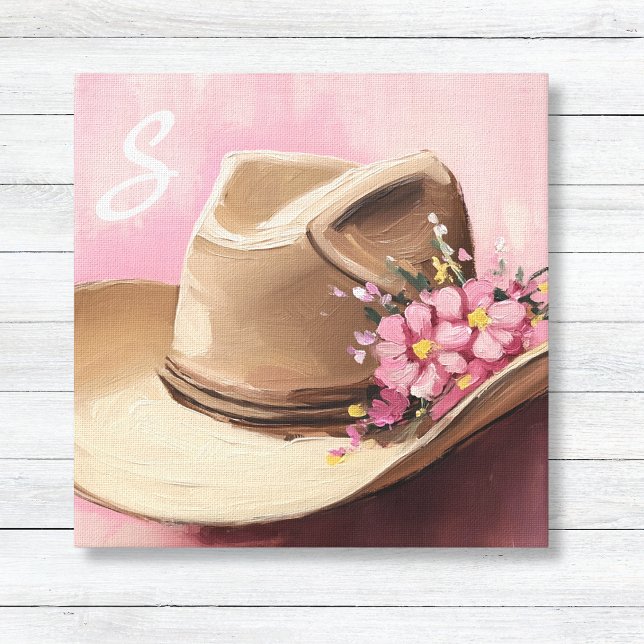 Lienzo Gorra de lechuza con monograma de flores silvestre (Taupe Cowgirl Hat with Pink Wildflowers Monogram Script Letter Canvas Art for Girls Room Decor)