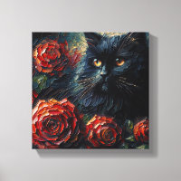 Gótico Gato negro entre rosas rojas