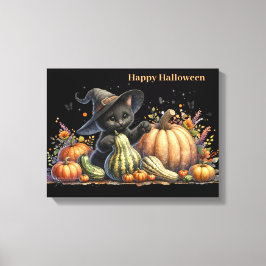 Lienzo Gourds de Halloween Black Witch's Kitten W/ Pumpki