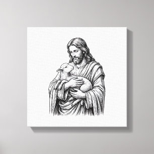 Lienzo Grabado Antiguo Pastor que Sostiene Cordero Vector