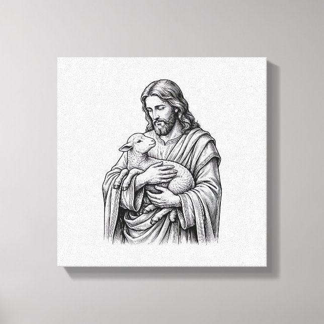Lienzo Grabado Antiguo Pastor que Sostiene Cordero Vector (Anverso)