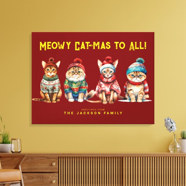 Lienzo Gracioso gato merry Navidades rojos decoran saludo (Insitu (Sala de estar))