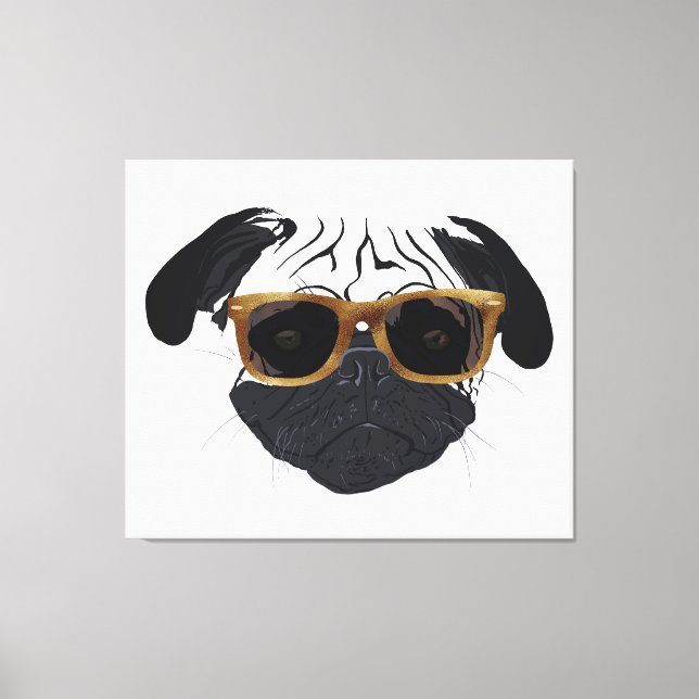 Lienzo Gracioso Ilustracion de Perro Pug Glasses Golden (Anverso)