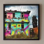 Lienzo Graffiti rosa y Verde azulado | Casa abandonada<br><div class="desc">Colorido graffiti verde azulado,  amarillo y rosa arte urbano abandonado edificio. Esta imagen fue de contenido generado por IA.</div>