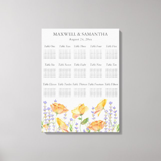 Lienzo Gráfico de asientos de Boda acuarela Tema de flor  (Anverso)