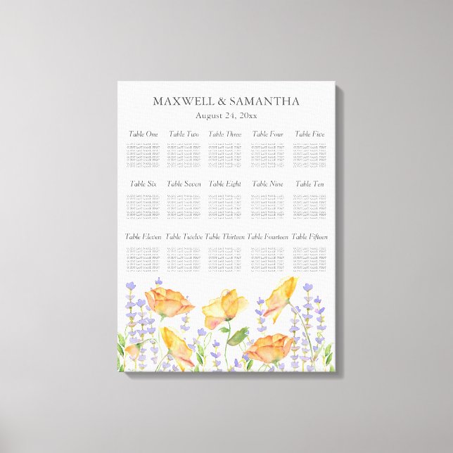 Lienzo Gráfico de asientos de Boda acuarela Tema de flor  (Anverso)