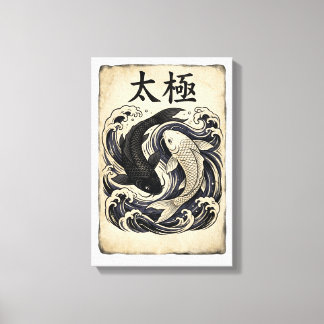 Lienzo Gráfico vintage de pez Koi japonés Yin Yang