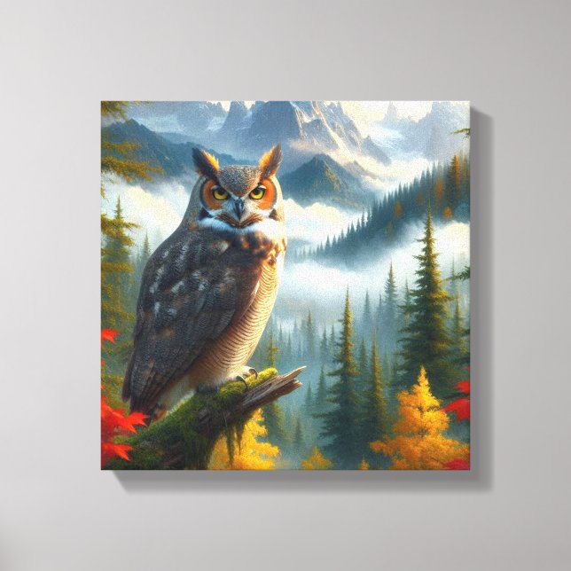Lienzo Gran búho en temporada de otoño acuática (Anverso)