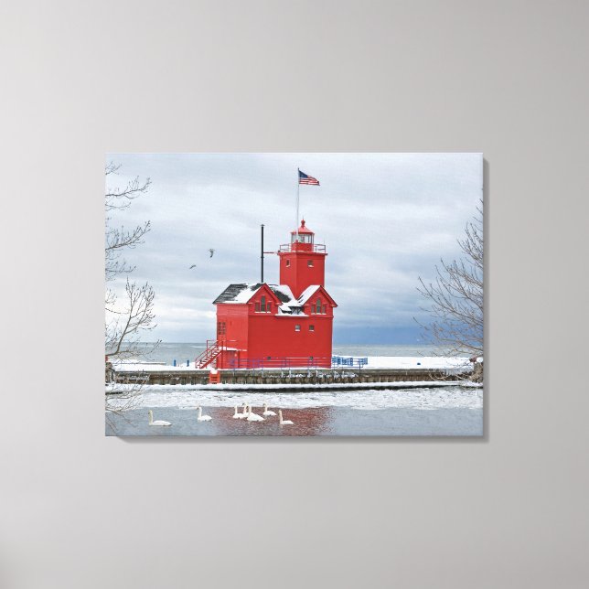 Lienzo Gran Faro Rojo De Michigan Con Cisnes (Anverso)