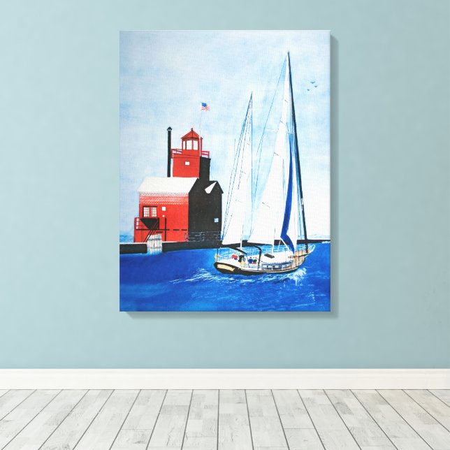 Lienzo Gran faro rojo de Michigan y barco de vela (Insitu (piso de madera))