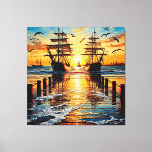 Lienzo Grandes veleros históricos navegando al atardecer